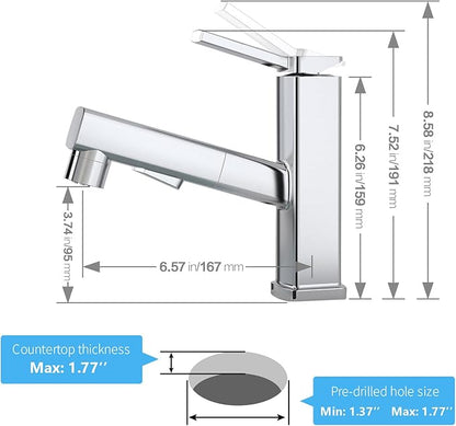 HANLIAN Single Hole Bathroom Pull Out Faucet with Rotating Spout, One Handle Faucet for Bathroom Sink, Modern Bathroom Faucet with Pull Down Sprayer, 3 Modes Lavatory Vanity Faucets (Chrome, Regular)