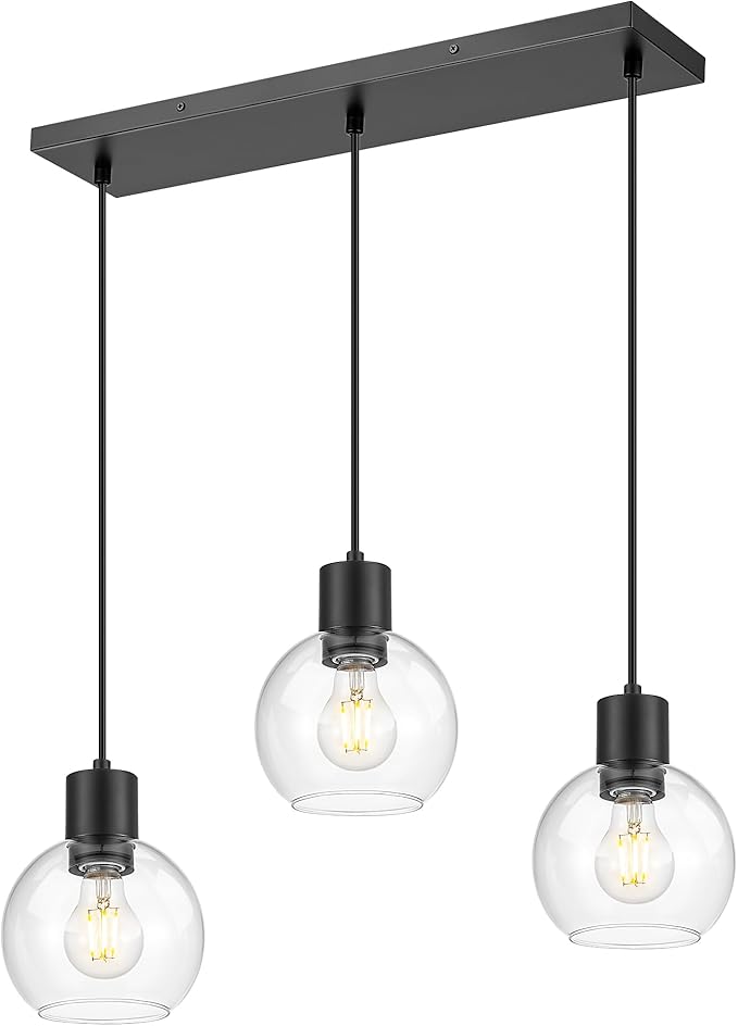 LMS 3-Light Island Lights, Matte Black Dining Room Over Table Hanging Linear Chandeliers, Farmhouse Chandeliers for Kitchen Island Pendant Light Fixtures with Clear Globe Glass Shade, LMS-122SPL-BK3