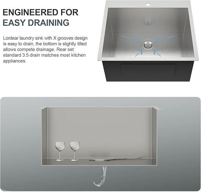 Lordear 12 Inch Deep Drop In Laundry Sink with Faucet 25x22 Inch Topmount Utility Sink 16 Gauge Stainless Steel Single Bowl for Laundry Room 25"x22"x12"