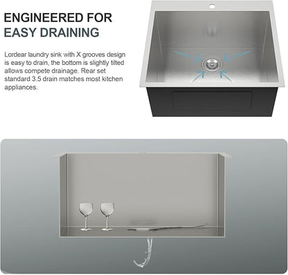 Lordear 12 Inch Deep Drop In Laundry Sink with Faucet 25x22 Inch Topmount Utility Sink 16 Gauge Stainless Steel Single Bowl for Laundry Room 25"x22"x12"