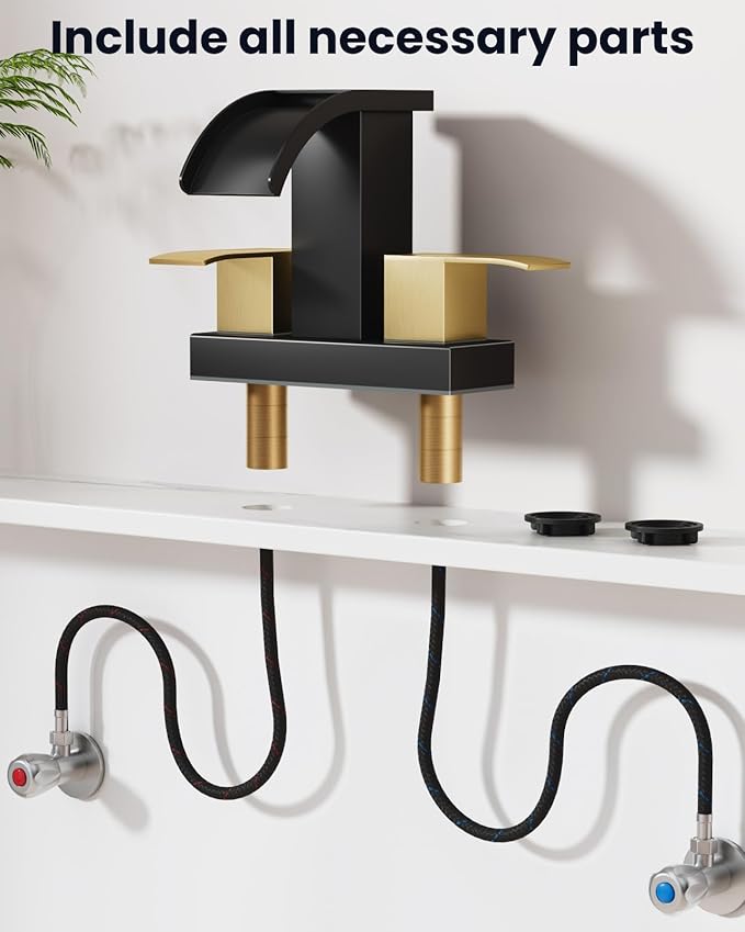gotonovo Waterfall 4 Inch Centerset Bathroom Sink Faucet 2 Handle Basin Faucets 2 or 3 Hole Deck Mount with Pop Up Drain Included Lavatory Modern Mixer Tap Vanity Faucet Matte Black & Brushed Gold
