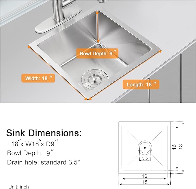 ROVATE 18 inch Kitchen Sink Undermount, Small Bar or Prep Sink, Handmade Single Bowl T-304 Stainless Steel Small Wet Bar Sinks with Strainer