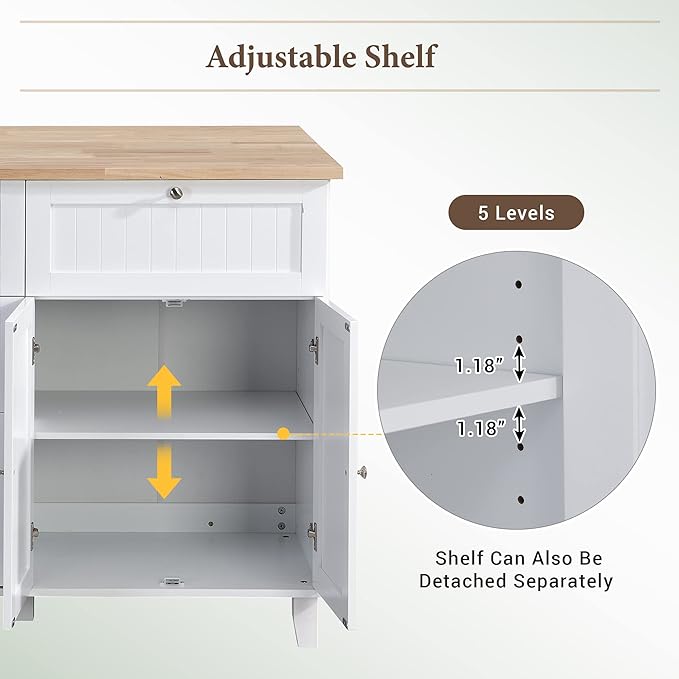 Kitchen Island Set with Drop Leaf and 2 Stools, 3-Piece Farmhouse Solid Wood Dining Table Set with Storage Cabinet, 4 Drawers & Towel Rack for Dining Room (White+Rustic Brown)