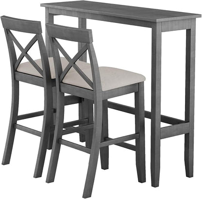 Farmhouse 48" Rectangular Wood Height Dining Set Kitchen Breakfast Nook with 2 Chairs for Small Places Solid Wood Gray+Beige 3-Piece Breakfast Nook Kitchen Island Durable