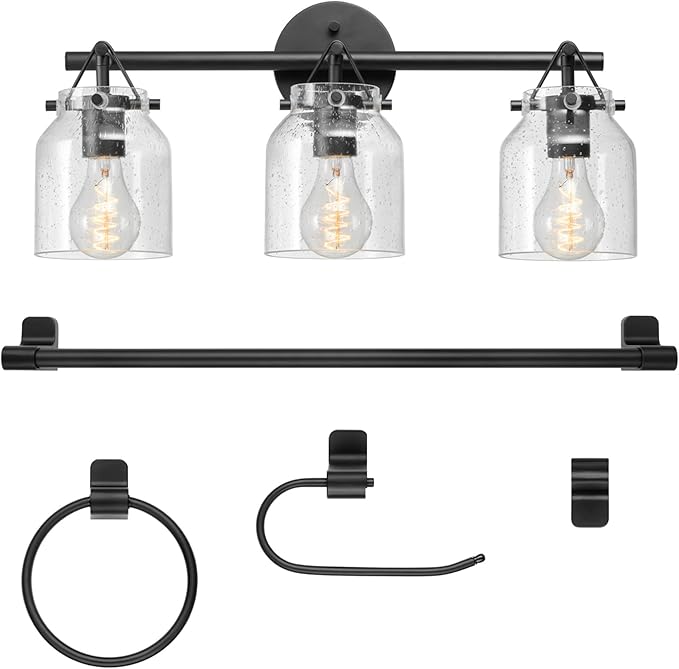 Globe Electric 63000207 5-Piece All-in-One Bathroom Set, 22" 3-Light Vanity Light, Matte Black, Seeded Glass Shades, Towel Bar, Robe Hook, Toilet Paper Holder, Towel Ring, Bathroom Lights Over Mirror