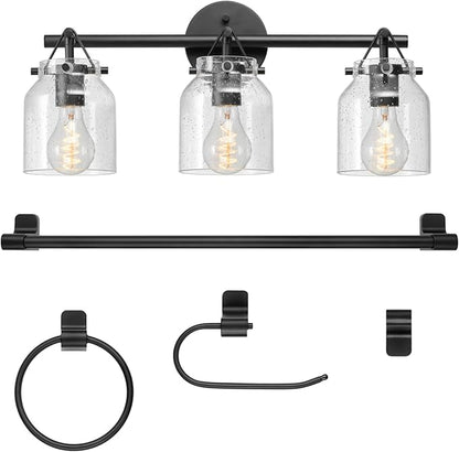 Globe Electric 63000207 5-Piece All-in-One Bathroom Set, 22" 3-Light Vanity Light, Matte Black, Seeded Glass Shades, Towel Bar, Robe Hook, Toilet Paper Holder, Towel Ring, Bathroom Lights Over Mirror