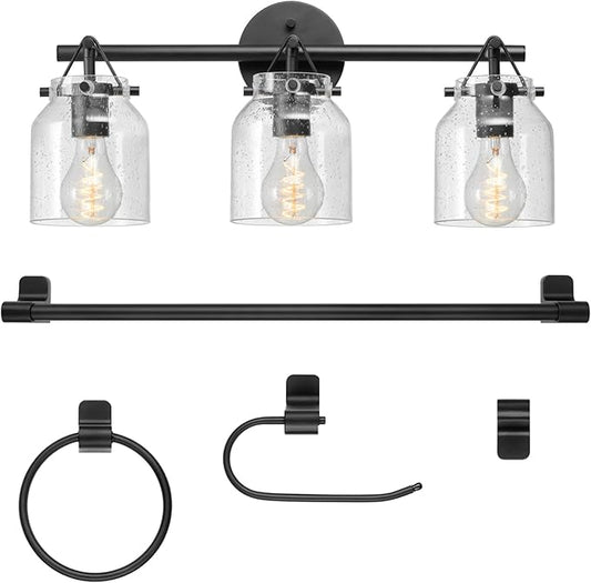 Globe Electric 63000207 5-Piece All-in-One Bathroom Set, 22" 3-Light Vanity Light, Matte Black, Seeded Glass Shades, Towel Bar, Robe Hook, Toilet Paper Holder, Towel Ring, Bathroom Lights Over Mirror