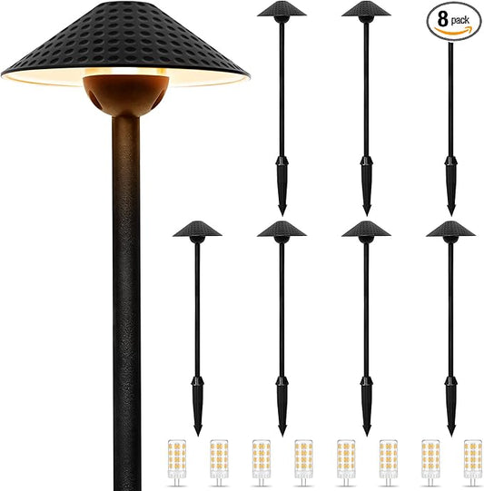 Gardencoin Low Voltage Pathway Lights (6.69'' Shade, 21.54'' Tall) 12V Outdoor LED Landscape Pathway Lighting Aluminum Vintage Hammered Path Lights with 4W 2700K Replaceable Bulb, 8 Pack