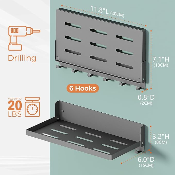 Small Folding Wall Shelf with Hooks, Wall Mounted 2 Folding Metal Shelves, Fold Up 90° and 6 Hooks, Practical Wall Shelf for Rv, Utility Room, Laundry Room, Garage, Black（11.8", 2 Pack）