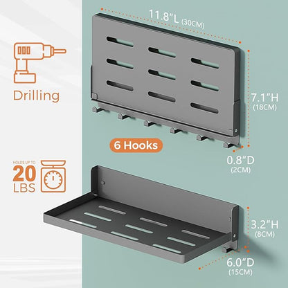 Small Folding Wall Shelf with Hooks, Wall Mounted 2 Folding Metal Shelves, Fold Up 90° and 6 Hooks, Practical Wall Shelf for Rv, Utility Room, Laundry Room, Garage, Black（11.8", 2 Pack）
