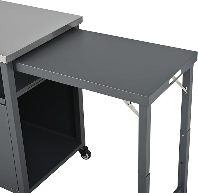 JIJIWANG 73.8" Outdoor Kitchen Island with Stainless Steel Top and Foldable Table, Kitchen Island with Trash and Spice Rack, BBQ Cart with Wheels for Backyard, Patio, Gray