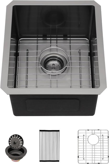 15 Undermount Black Bar Sink - Sarlai 15 x 17 inch Undermount Wet Bar Prep Sink Stainless Steel 16 Gauge Gunmetal Black Single Bowl RV Camper Prep Kitchen Sink