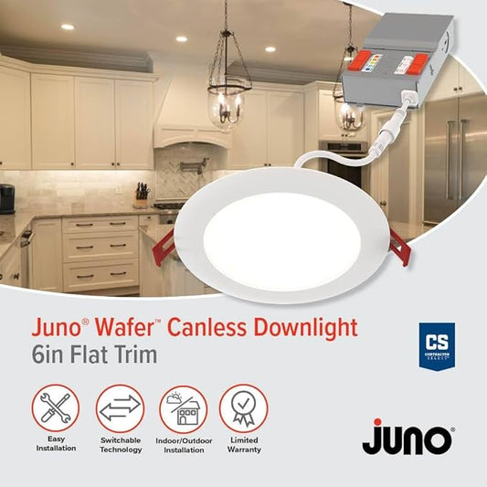Juno LED Recessed Lights 6 Inch Round Baffle Wafer Downlight, 5-in-1 Switchable White Color Temperature, Adjustable Brightness, 120 Volts, 6-Inch Flat Trim, 1 Pack, Matte White