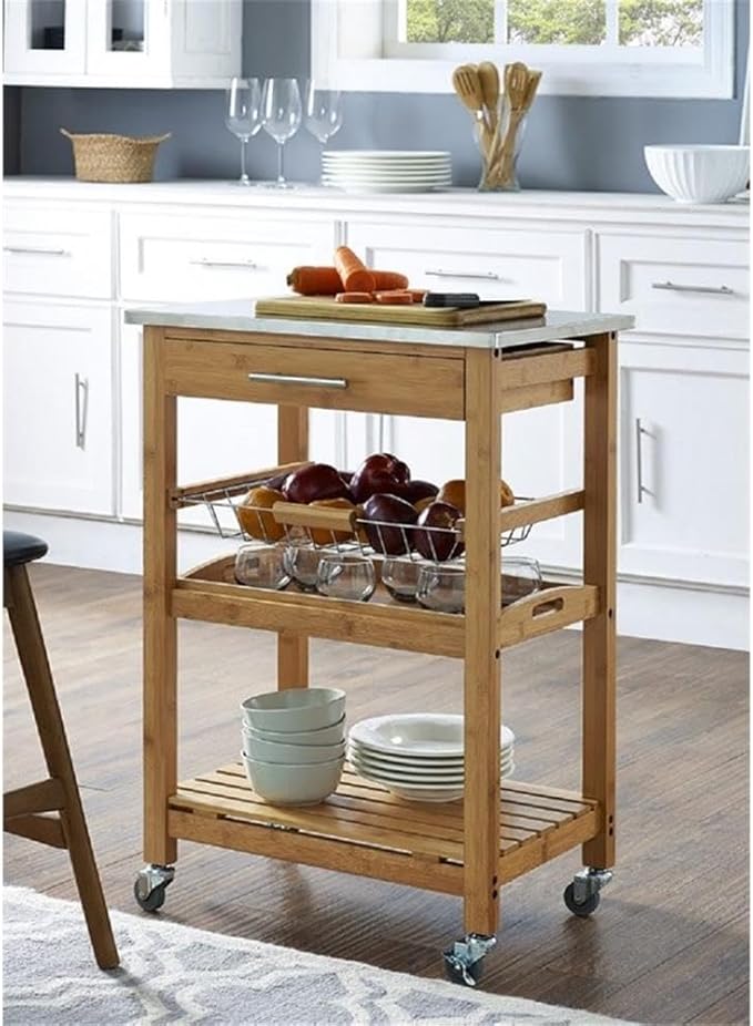 Boraam Aya Bamboo Kitchen Cart with Stainless Steel Top