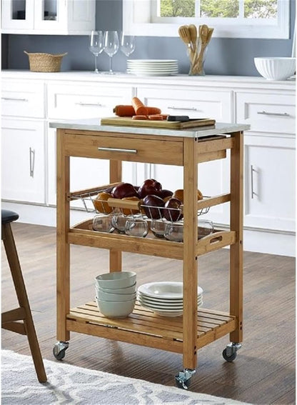 Boraam Aya Bamboo Kitchen Cart with Stainless Steel Top