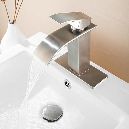 Fransiton Brushed Nickel Waterfall Bathroom Faucet Lavatory Single Handle 1 or 3 Hole Bathroom Sink Faucet Washbasin Faucet with Deck and Pop-up Drain