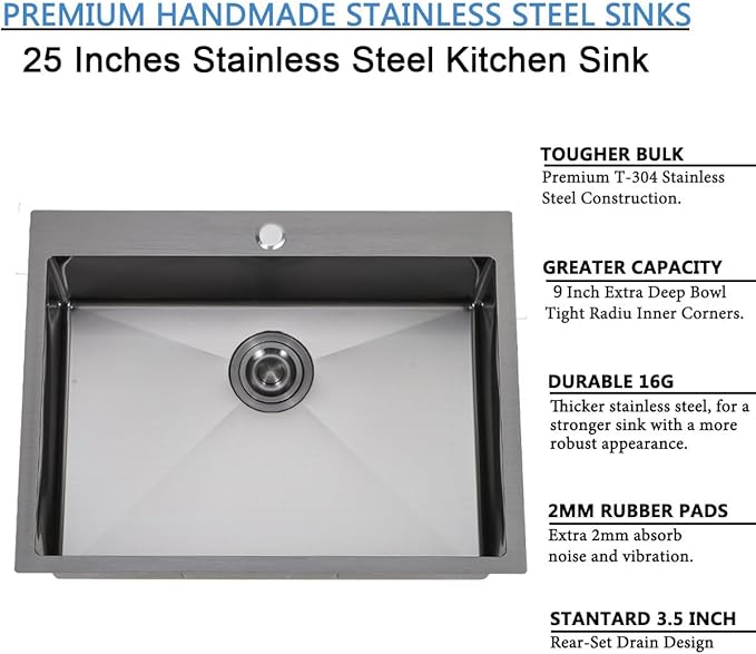 SHACO 25x18 Inch Black Drop In Kitchen Sink, 25 Inch Gunmetal Black Bar RV Laundry Utility Outdoor Stainless Steel 16 Gauge Single Bowl Deep Small Kitchen Sink
