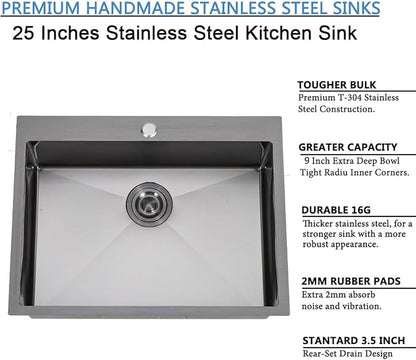 SHACO 25x18 Inch Black Drop In Kitchen Sink, 25 Inch Gunmetal Black Bar RV Laundry Utility Outdoor Stainless Steel 16 Gauge Single Bowl Deep Small Kitchen Sink
