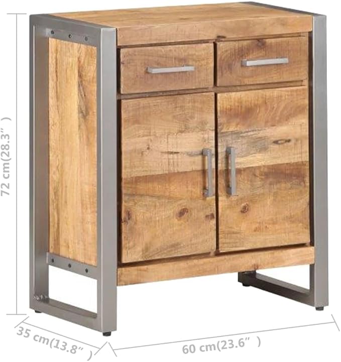 Natural Mango Wood Sideboard, Grey Finish, Industrial Design, 2 Drawers, 2 Doors, 23.6x13.8x28.3in, Living Room Storage Cabinet Furniture Kitchen Furnitur