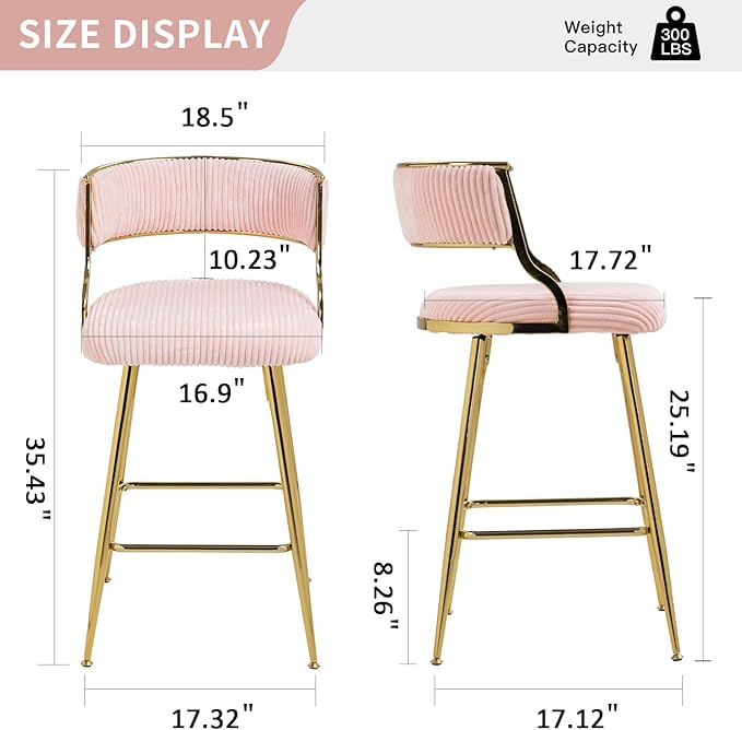 Modern Dining Chairs,Set of 2 with Ergonomic Supportive Curved Backrests,Sturdy and Stylish Simple Natural Design,Versatile Use Kitchen Island Counter Bar Stools Footrest,Everyday in,Pink-Corduroy-Fo