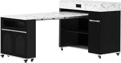 74" Extendable Dining Table with Extra-Long Folding Tabletop, Rolling Kitchen Island with Drawers, Power Outlet and Brake Lock, Zoned Layered Storage Cabinet for Kitchen and Dining Room
