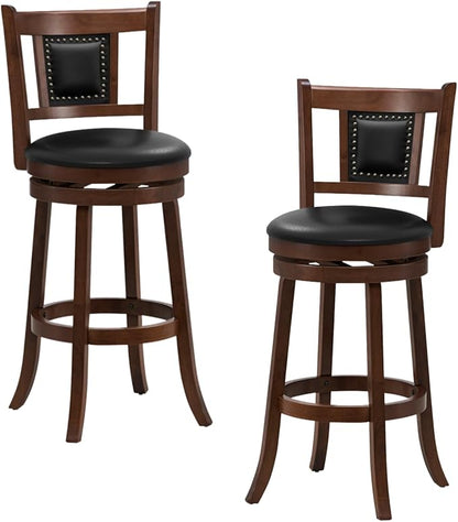 ERGOMASTER Set of 2 Swivel Bar Stools 30.5 Inch Height - 360° Rotating PU Leather Counter Stools with Backrest & Footrest, Brown Tobacco Wood Kitchen Island Stools, 250 lbs Capacity