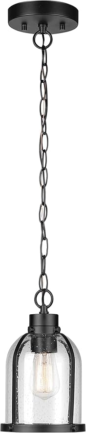 Globe Electric 44627 1-Light Outdoor Pendant, Matte Black, Clear Seeded Glass Shade, Bulb Included