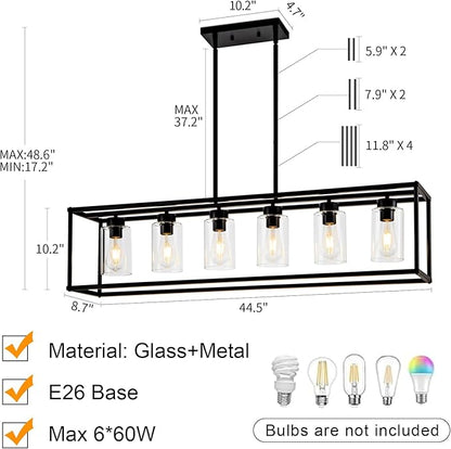 6 Light Dining Room Light Fixture Black Farmhouse Chandelier Kitchen Island Pendant Lighting Rectangle Modern Industrial Living Room Hanging Lights Adjustable Height