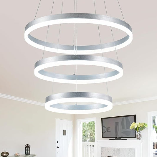 Buccleuch Dimmable 3-Ring LED Chandelier, Height Adjustable Modern Silver Pendant Light, ETL-Certified Flush Mount Acrylic Ceiling Light for Dining Room Living Room Bedroom Foyer, 6000K