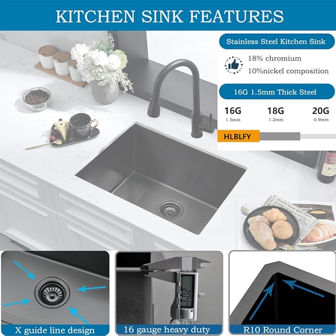 Black Undermount Laundry Sink -HLBLFY 24x18x12 Inch Black Stainless Steel Laundry Room Sink Undermount Utility Sink 16 Gauge Single Bowl Deep Kitchen Sink with Roll Up Rack