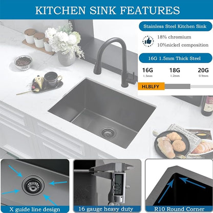 Black Undermount Laundry Sink -HLBLFY 24x18x12 Inch Black Stainless Steel Laundry Room Sink Undermount Utility Sink 16 Gauge Single Bowl Deep Kitchen Sink with Roll Up Rack