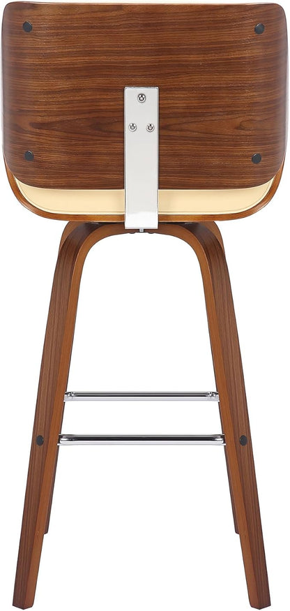 Armen Living Tyler 30" Bar Height Swivel Cream Faux Leather and Walnut Wood Bar Stool - Set of 3