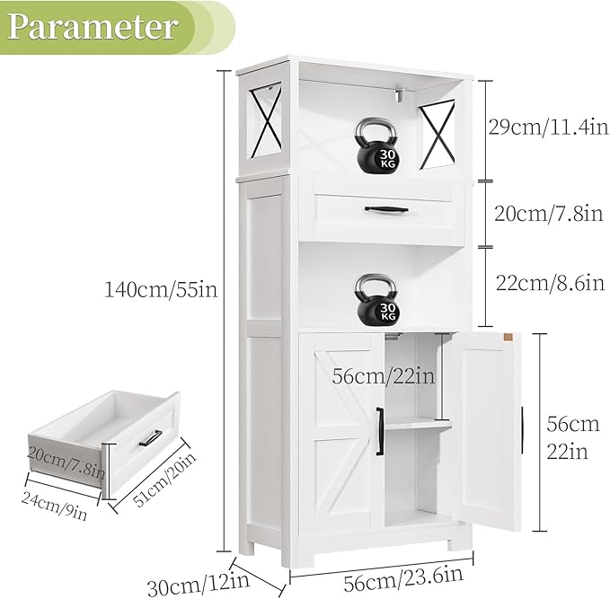 kepptory 55" Tall Kitchen Pantry, Farmhouse Storage Cabinet with Doors, Shelves and Drawer, Rustic Wood Cupboard for Kitchen, Dining Room (White)