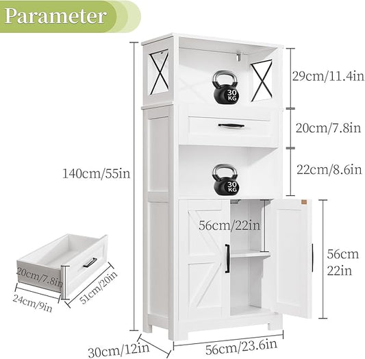 kepptory 55" Tall Kitchen Pantry, Farmhouse Storage Cabinet with Doors, Shelves and Drawer, Rustic Wood Cupboard for Kitchen, Dining Room (White)