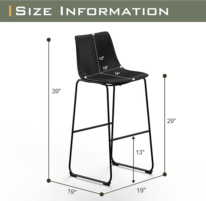 NicBex Retro Bar Stools Crazy-Horse Leather with Metal Legs Barstools, Lounge Kitchen Island Bar Stools, Set of 2, (Black Color) (A-GE17022-USSU014)
