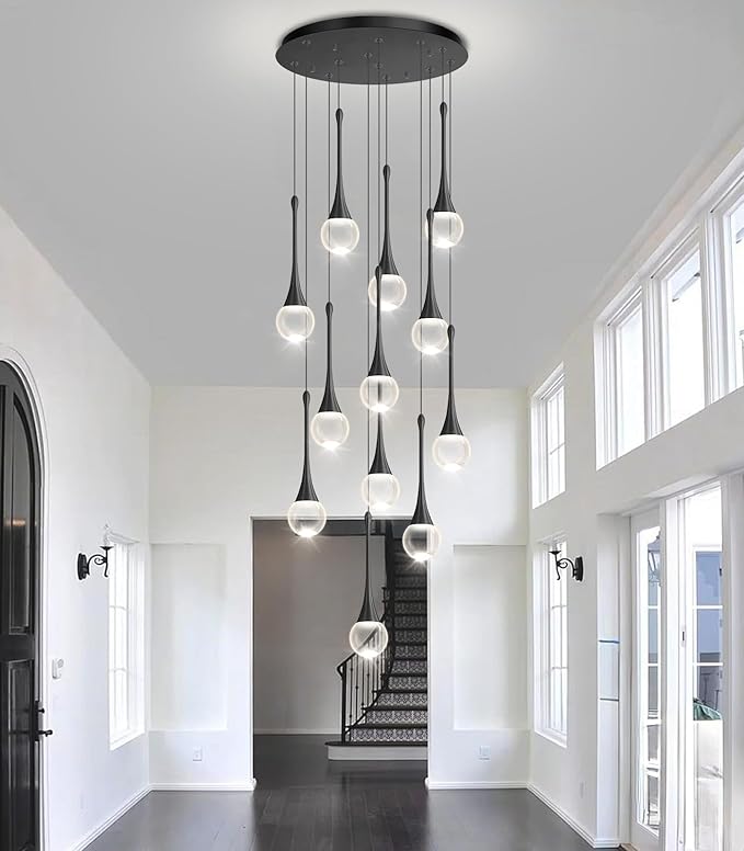12 Light High Ceiling Crystal Chandelier Dimmable LED Pendant Lights with Remote Adjustable Chandeliers for Foyer Staircase Living Room Black