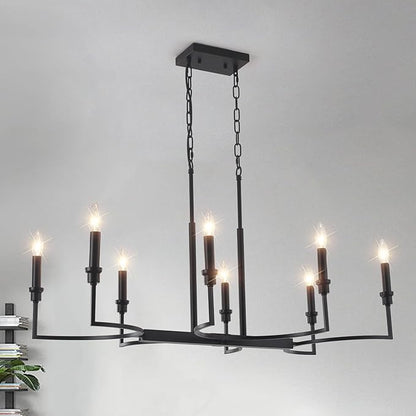 8-Light Black Chandelier, Farmhouse Dining Room Light Fixtures Over Table, Metal Candle Rectangular Chandelier Light Fixture Dining Retro Kitchen Island Lighting Living Room Entryway37in