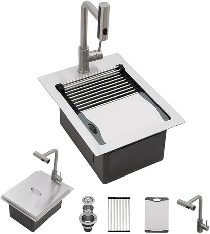 Kichae 15 Inch Outdoor Kitchen Sink - 15" x 20" Stainless Steel Drop Sink 16 Gauge with Pull Down Faucet Combo & Cover for Small Outdoor Kitchens, Bar Prep, and RV Use