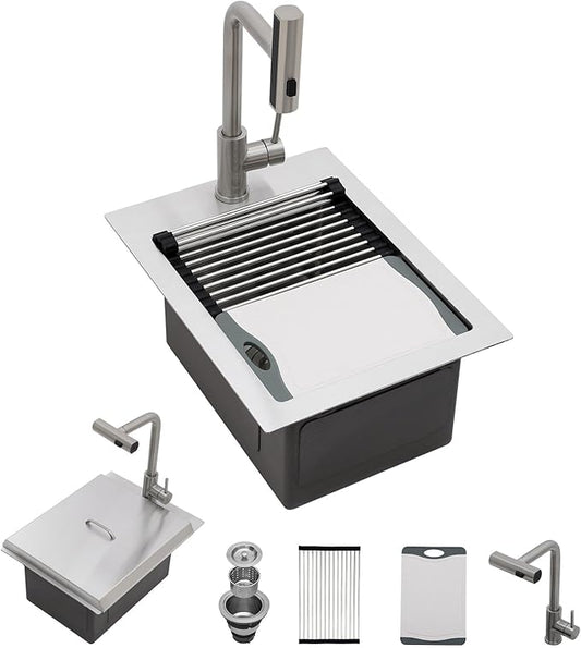 Kichae 15 Inch Outdoor Kitchen Sink - 15" x 20" Stainless Steel Drop Sink 16 Gauge with Pull Down Faucet Combo & Cover for Small Outdoor Kitchens, Bar Prep, and RV Use