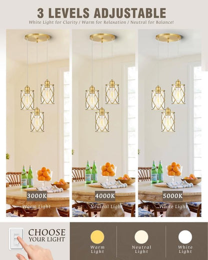 Brushed Gold Dining Room Chandeliers Light Fixtures, Modern 3-Light Pendant Lighting with Clear Glass, Farmhouse Cluster Kitchen Hanging Lights for Sink Bedroom, CH9176BG3