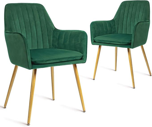 CangLong Set of 2 Mid Century Modern Velvet Dining Chairs – Upholstered Accent & Vanity Chairs with Metal Legs for Kitchen, Living Room, Bedroom, Green