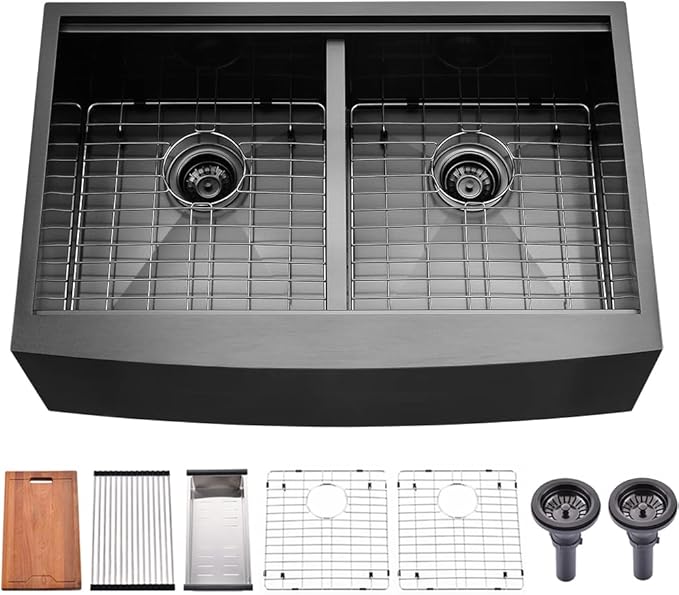 33 Inch Black Double Bowl Farmhouse Sink Workstation, 16 Gauge Stainless Steel 50/50 Double Bowl Kitchen Sink, 33x22 Farmhouse Apron Front Low Divided Farm Sink