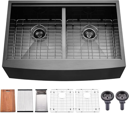 33 Inch Black Double Bowl Farmhouse Sink Workstation, 16 Gauge Stainless Steel 50/50 Double Bowl Kitchen Sink, 33x22 Farmhouse Apron Front Low Divided Farm Sink