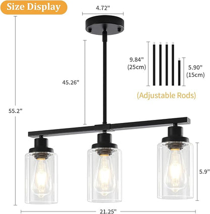Modern Island Lights for Kitchen Black Dining Room Light Fixtures Over Table 3-Light Farmhouse Linear Chandelier Clear Glass Kitchen Lights Ceiling Adjustable Hanging Pendant Lighting Over Island
