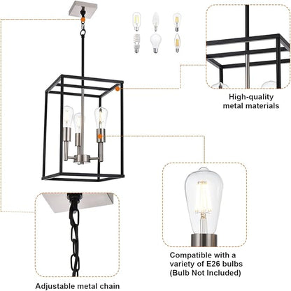 VINLUZ 3 Lights Lantern Kitchen Island Pendant Lighting in Black and Brushed Nickel Finish, Industrial Hanging Lantern Chandelier for Dining Room Living Room Adjustable Height