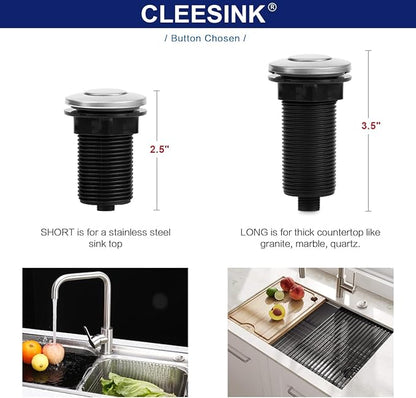 Garbage Disposal Switch, Cordless Air On Off Kit for Food Waste Disposer, Stainless Steel Brushed Nickel, SHORT 2.5" Sink Top Push Button by CLEESINK
