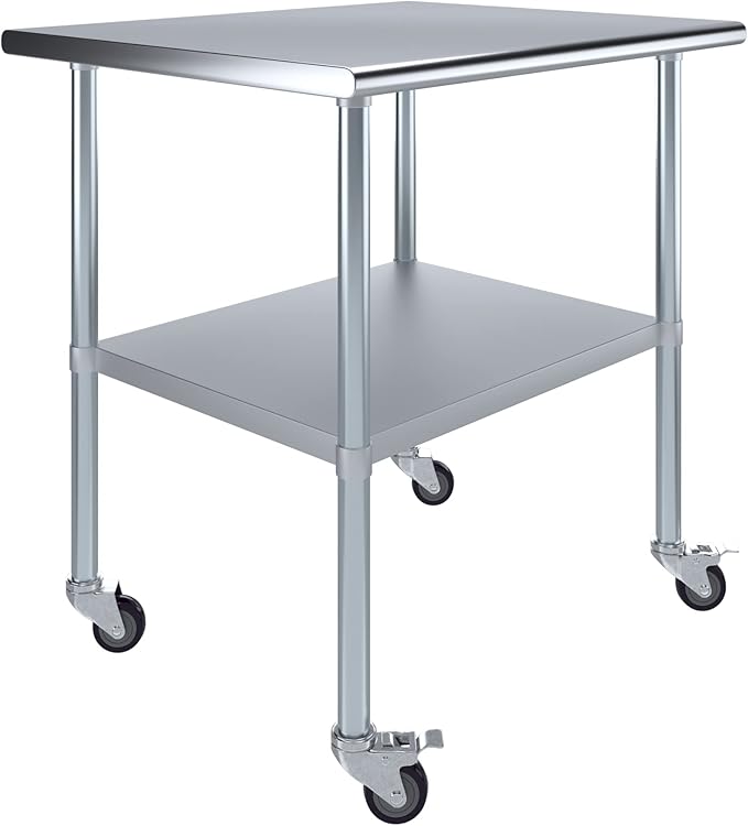 Stainless Steel Work Table with Wheels | NSF Kitchen Island Food Prep | Laundry Garage Utility Bench (Table + Wheels, 36" Long x 30" Deep)