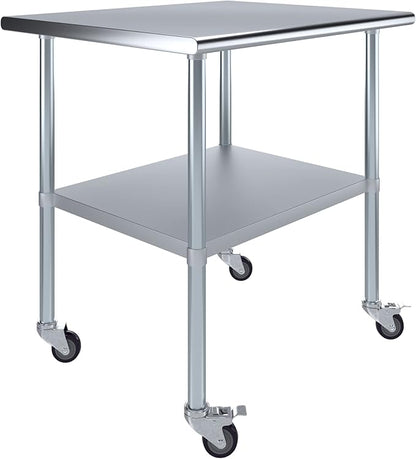 Stainless Steel Work Table with Wheels | NSF Kitchen Island Food Prep | Laundry Garage Utility Bench (Table + Wheels, 36" Long x 30" Deep)