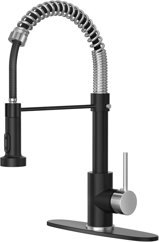 Black Nickel Kitchen Faucet with Pull Down Sprayer, Stainless Steel Spring Commercial Kitchen Sink Faucet with 10-Inch Deck,1 or 3 Hole Installation for Farmhouse, RV Camper, Laundry & Utility Sink