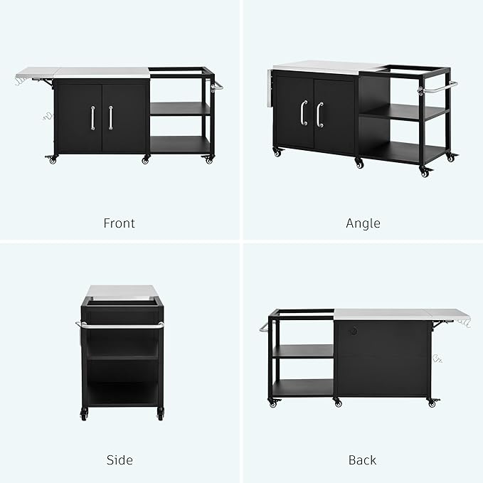 Outdoor Kitchen Island with Storage Cabinet and Adjustable Shelves, Kitchen Island Stainless Steel Top Drop Leaf for Large Big Green Egg, Rolling Cart on Wheels with Hooks & Bottle Opener Grey Blue